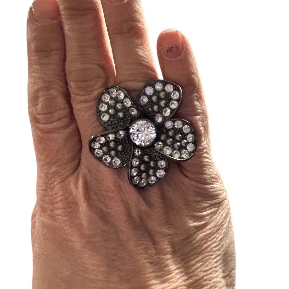 Vintage Style Oversized Floral Rhinestone Cocktail Ring‎ Gunmetal Tone Size 9